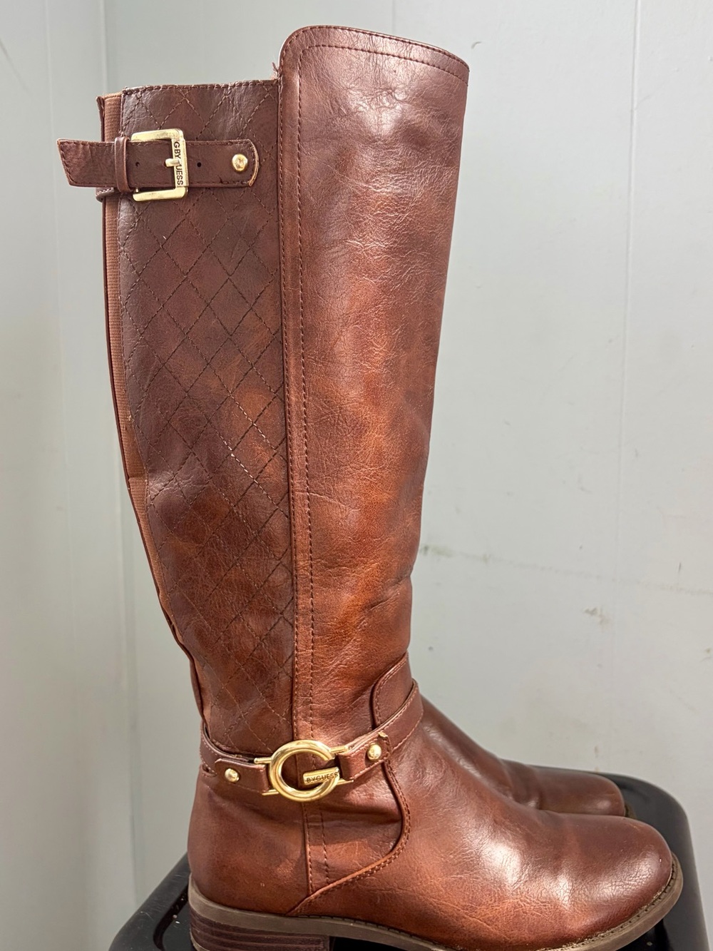 Guess Women's Brown Tall Leather Riding Boots with Gold Hardware 7.5